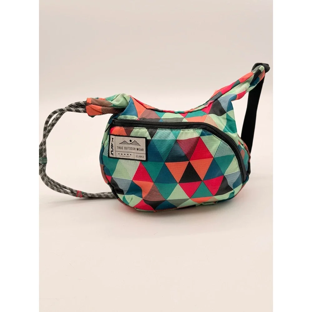 KAVU Keepalong Crossbody Bag Geometric Triangle Print Rope Strap Multicolor